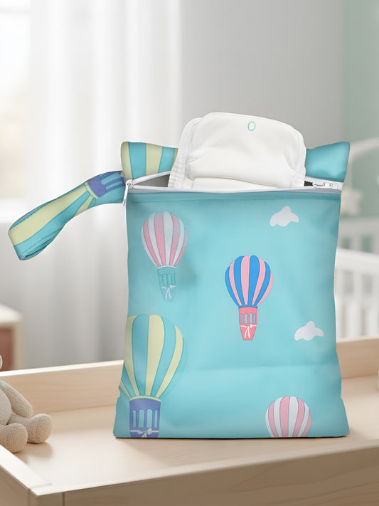 Polka Tots Waterproof & Reusable Air Balloon Print Wet Dry Baby Diaper Bag with Zip (0-24 Months)