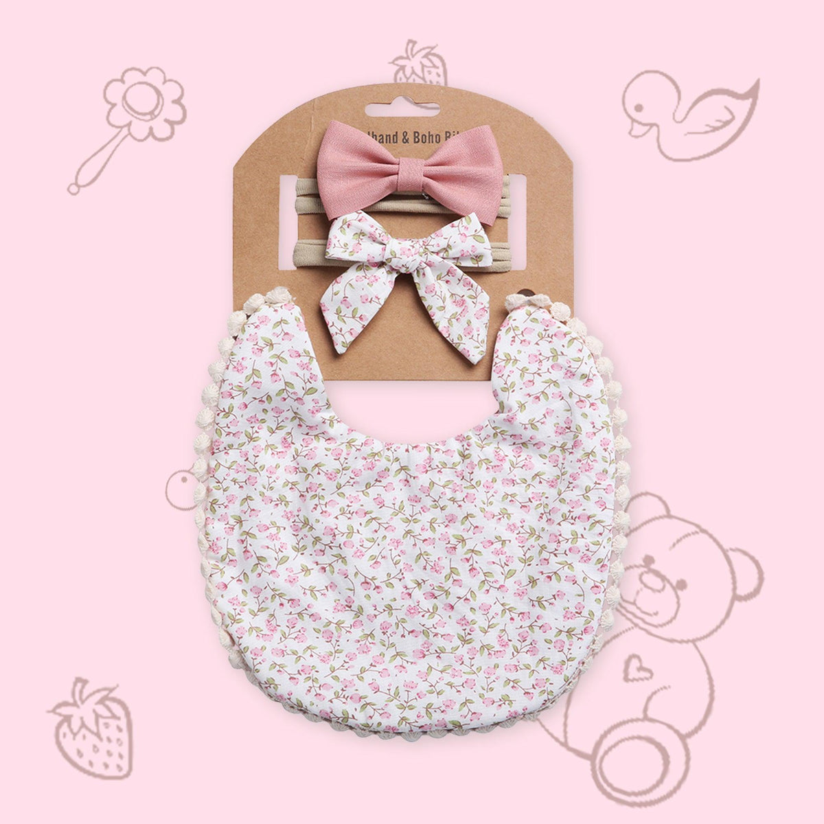 Polka Tots White Cotton Floral Bow Headband with Reversible Boho Bib (Set of 3) 12-18 Months