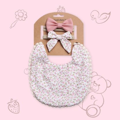 Polka Tots White Cotton Floral Bow Headband with Reversible Boho Bib (Set of 3) 12-18 Months