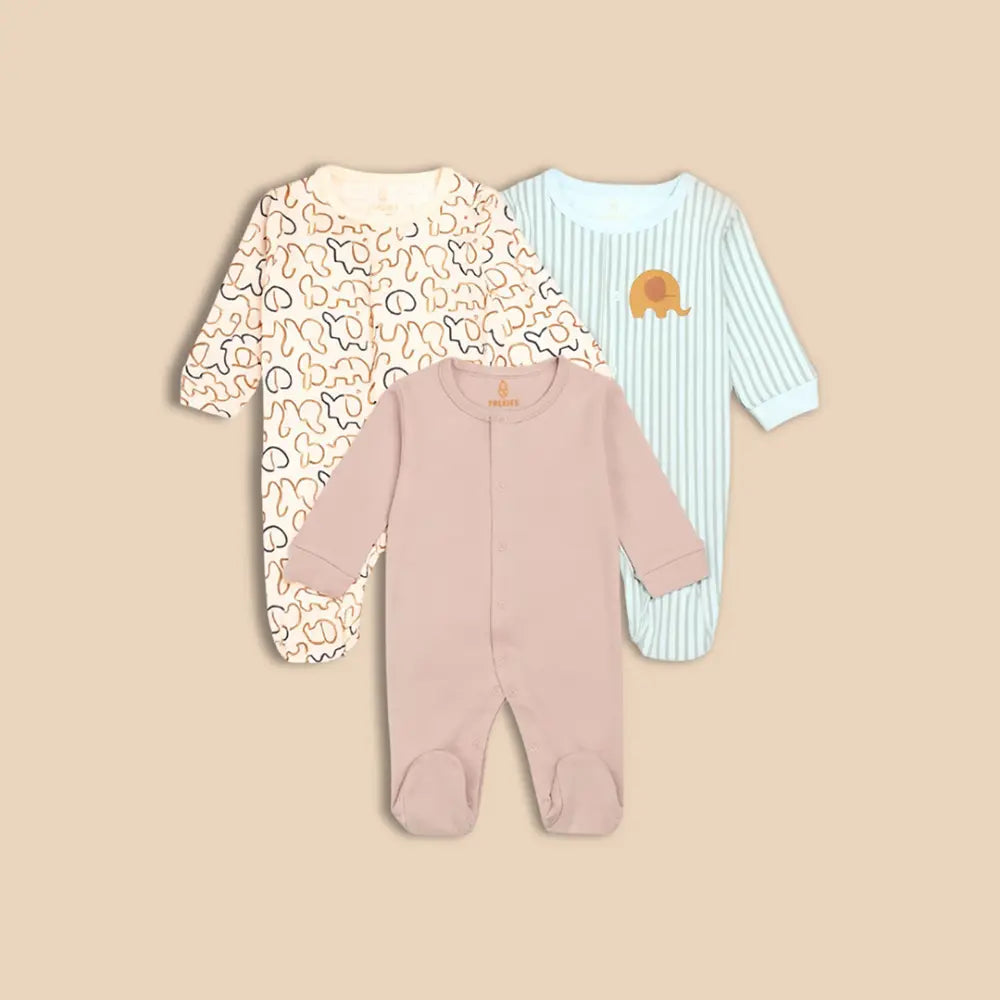 PREKIES Footed Sleepsuits Set - Elephant Print Pack Of 3