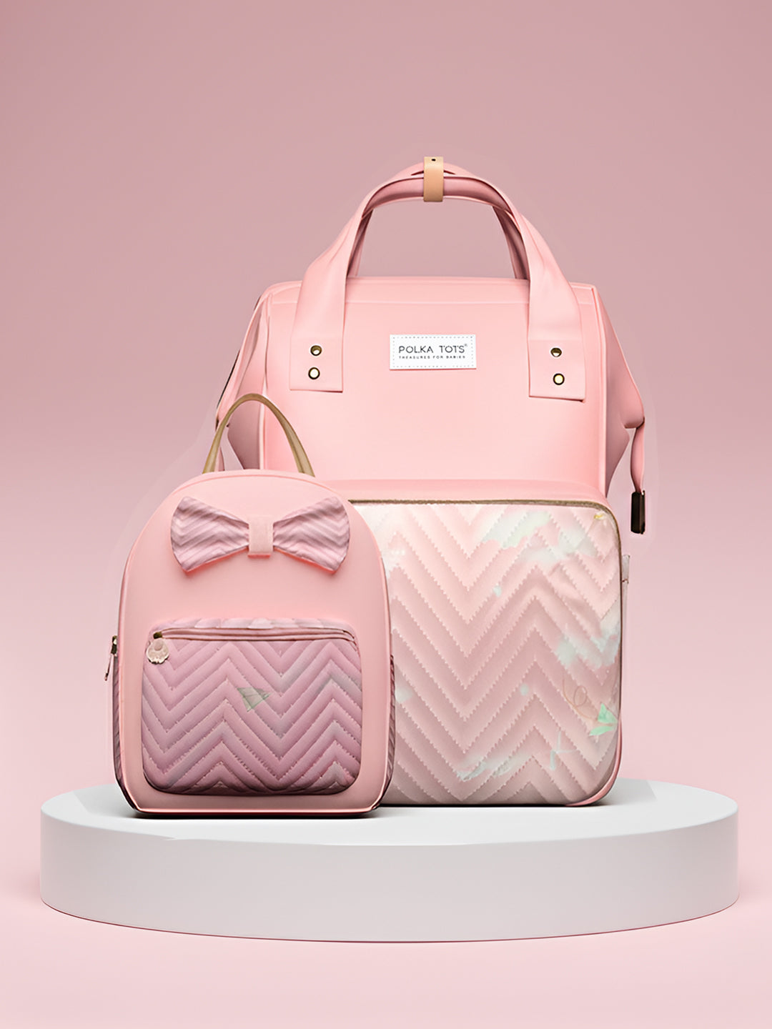 Polka Tots Pink Mama Mini Luxe Duo Diaper Bag with Attached Bow and Bag Pack (Set of 2)