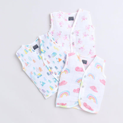 Polka Tots Unisex Multi-Color Cotton Sleeveless Jablas (Pack Of 3) (0 Months)