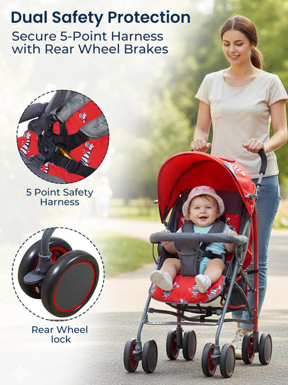 Polka Tots Zebra Stroller Pram For 0 To 3 Years Kids 5 Point Safety Harness Travel Buggy - Red