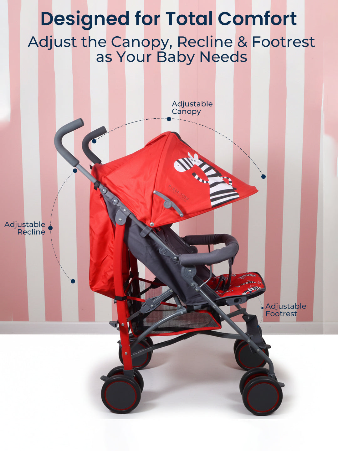 Polka Tots Zebra Stroller Pram For 0 To 3 Years Kids 5 Point Safety Harness Travel Buggy - Red