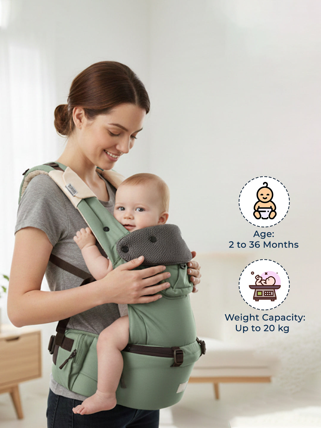 Polka Tots 6 in 1 Green Hip Seat Baby Carrier with Airbag Seat