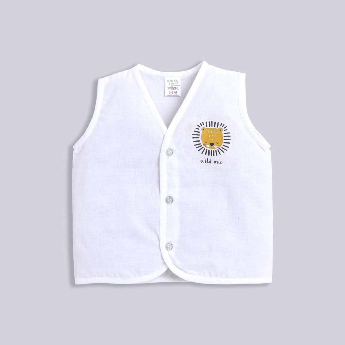 Polka Tots Unisex White Printed Cotton Sleeveless Jablas (Pack Of 3) (0 Months)
