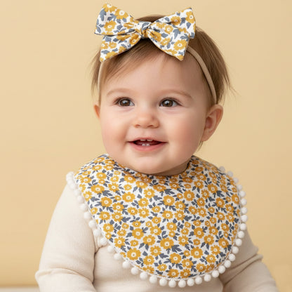 Polka Tots Yellow Cotton Floral Bow Headband with Reversible Boho Bib (Set of 3) 12-18 Months
