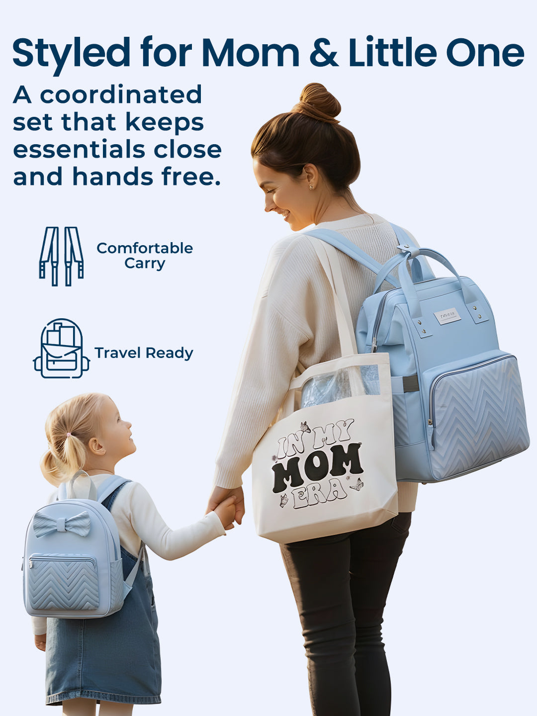 Polka Tots Blue Mama Mini Luxe Duo Diaper Bag with Attached Bow and Bag Pack (Set of 2)