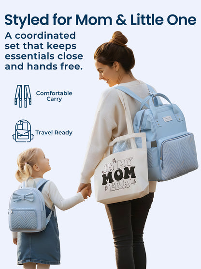Polka Tots Blue Mama Mini Luxe Duo Diaper Bag with Attached Bow and Bag Pack (Set of 2)