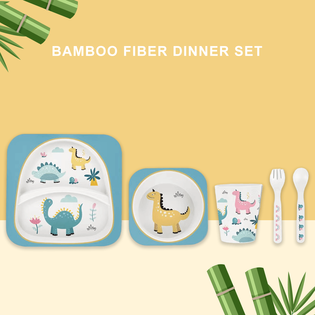 Polka Tots "Dinosaur" Toddler Eco Friendly Bamboo Fiber Dinner (Set of 5) - Blue