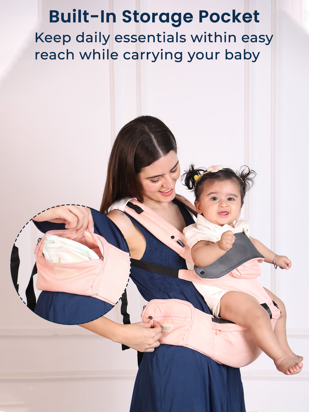 Polka Tots 6 in 1 Peach Hip Seat Baby Carrier with Airbag Seat