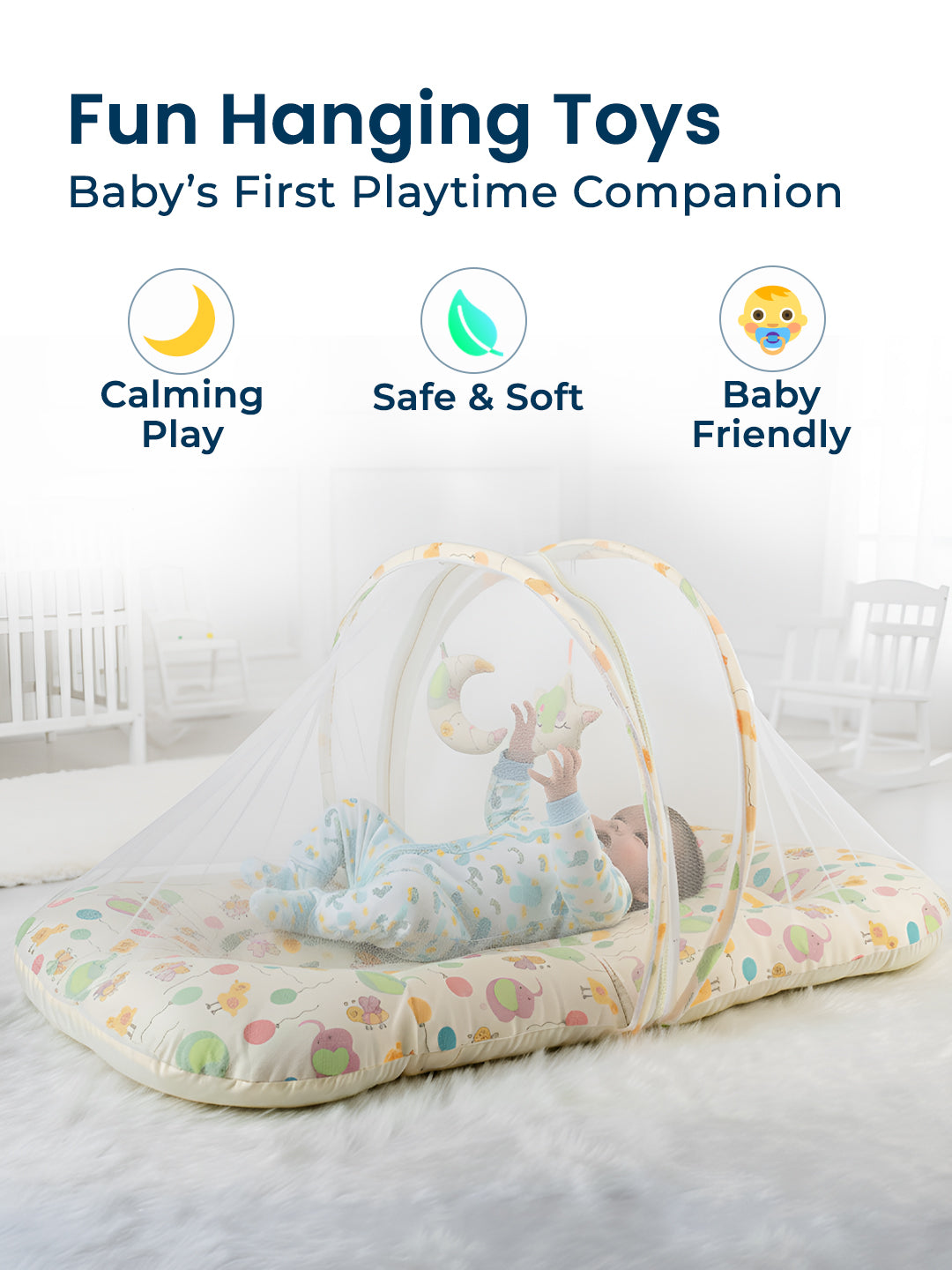 Polka Tots White Balloon Cotton Sateen Mosquito Net Bed With Toys Dangling (18-24 Months)