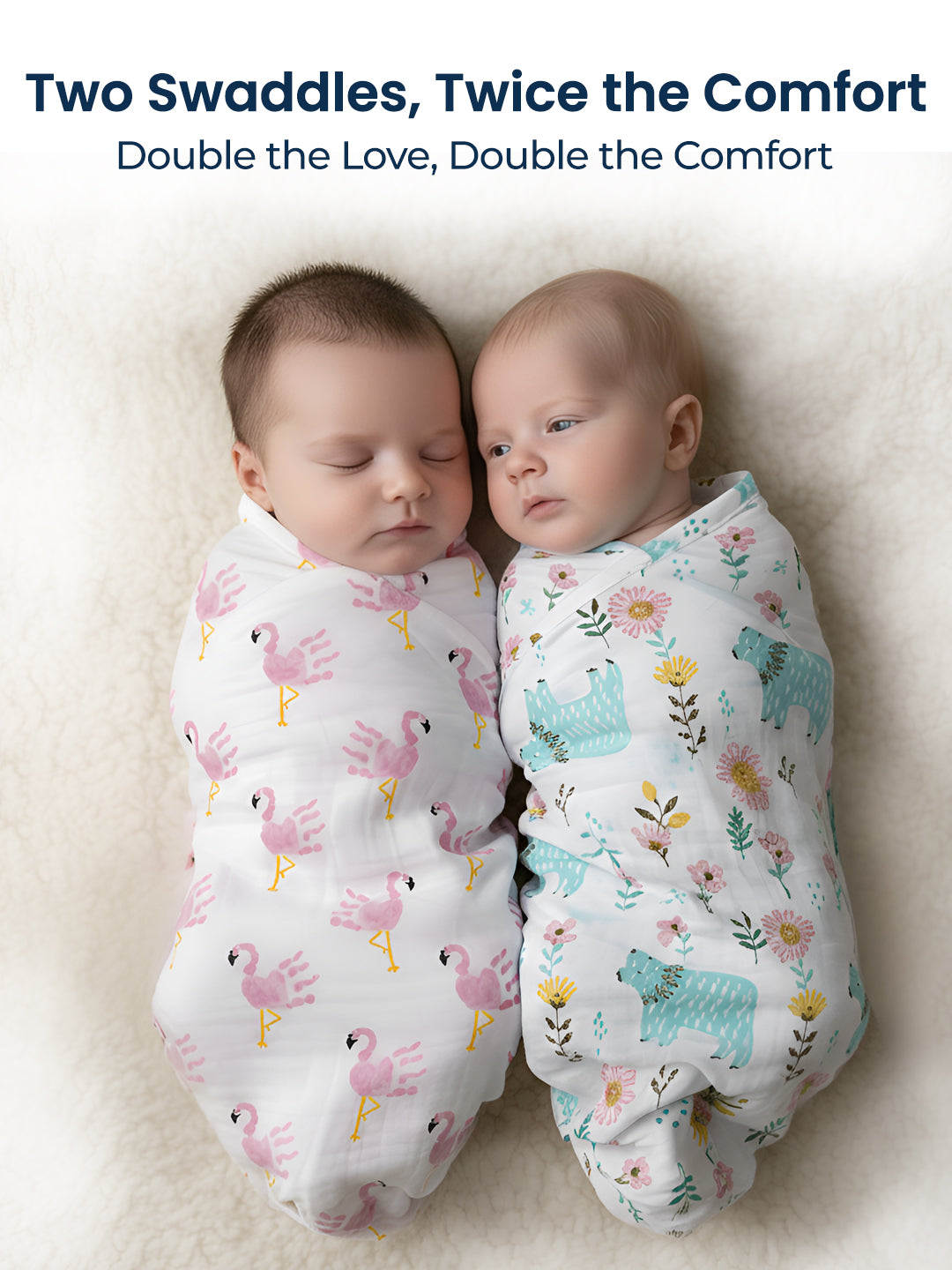 Polka Tots White Flamingo Fingers & Bloomy Bear Muslin Cotton Swaddles (Pack of 2)