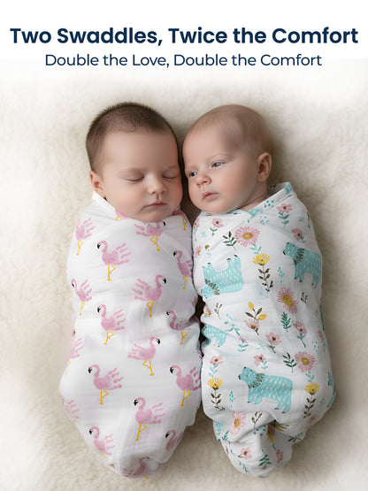 Polka Tots White Flamingo Fingers & Bloomy Bear Muslin Cotton Swaddles (Pack of 2)