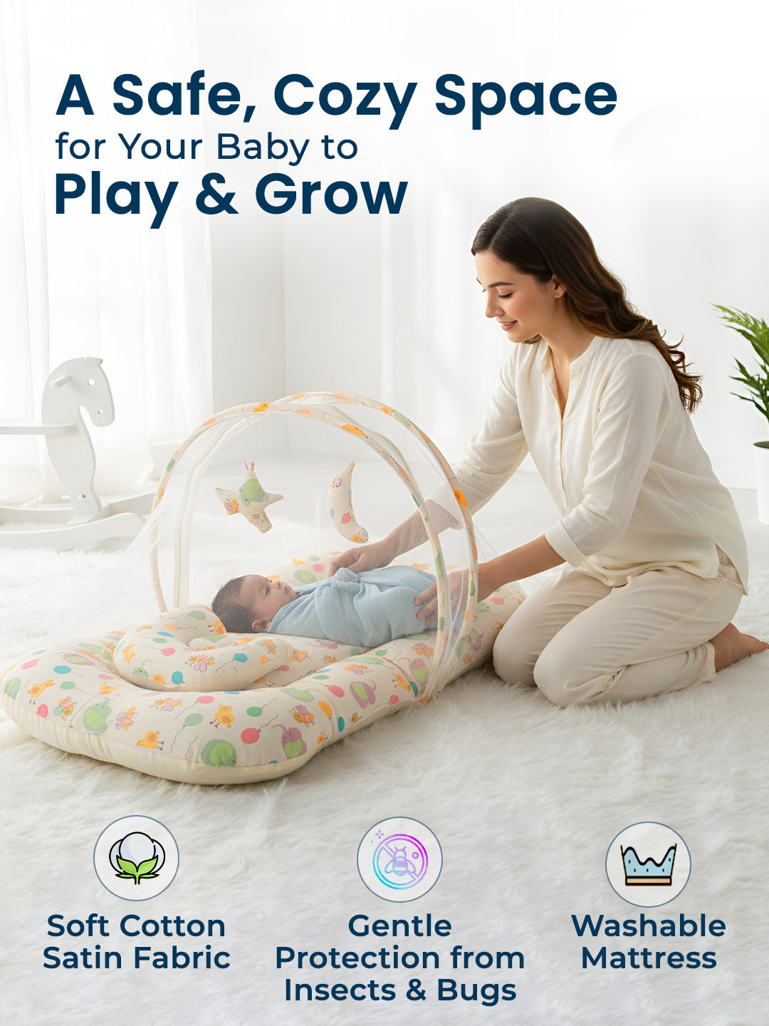Polka Tots White Balloon Cotton Sateen Mosquito Net Bed With Toys Dangling (18-24 Months)