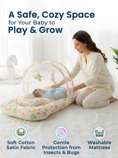 Polka Tots White Balloon Cotton Sateen Mosquito Net Bed With Toys Dangling (18-24 Months)