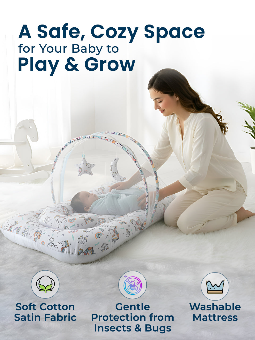 Polka Tots White Unicorn Cotton Sateen Mosquito Net Bed With Toys Dangling (18-24 Months)