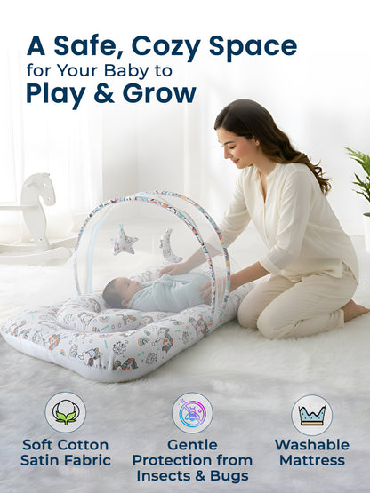 Polka Tots White Unicorn Cotton Sateen Mosquito Net Bed With Toys Dangling (18-24 Months)