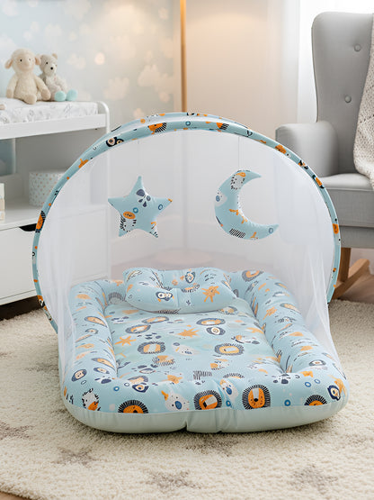 Polka Tots Lion Print Cotton Sateen Mosquito Net Bed with Toys Dangling - Blue 