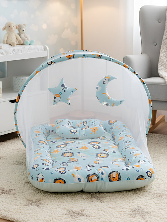 Polka Tots Lion Print Cotton Sateen Mosquito Net Bed with Toys Dangling - Blue 