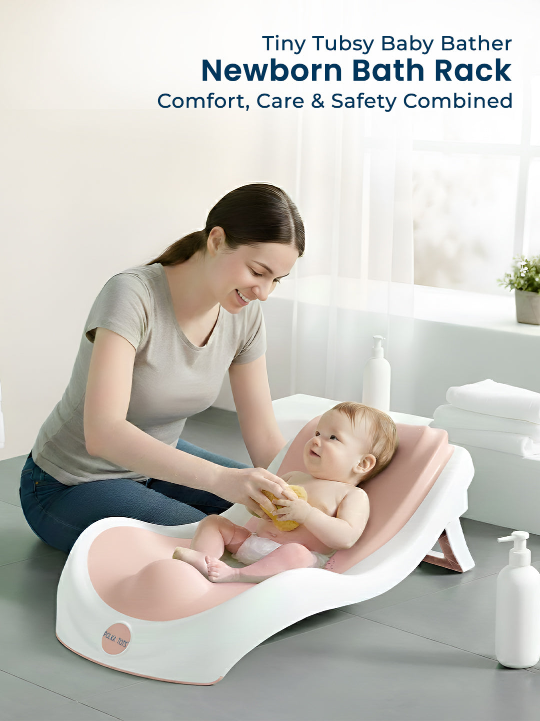 Polka Tots Tiny Tubsy Baby Bather Lightweight with Soft Rubber Newborn Bath Rack - Pink