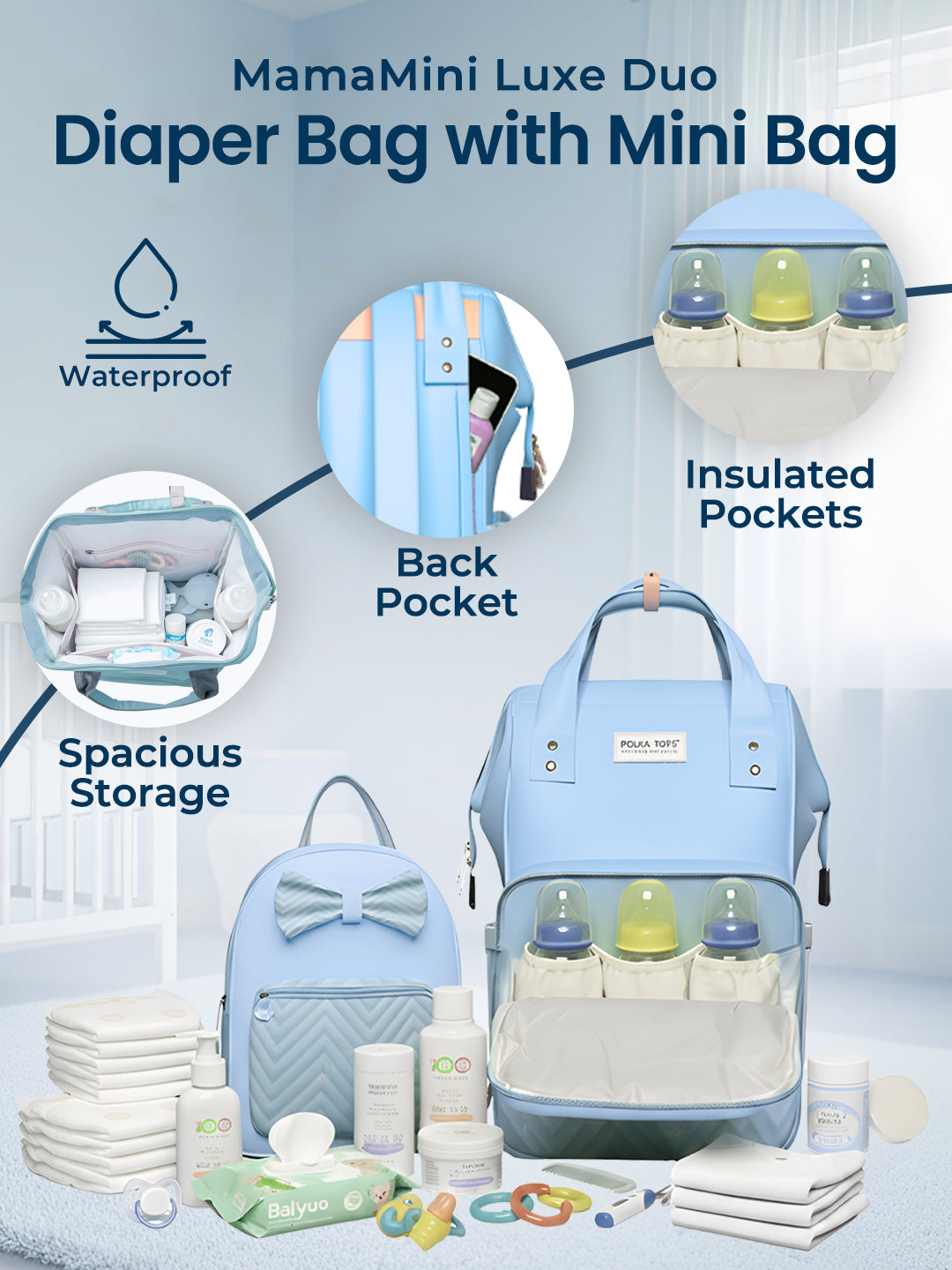 Polka Tots Blue Mama Mini Luxe Duo Diaper Bag with Attached Bow and Bag Pack (Set of 2)