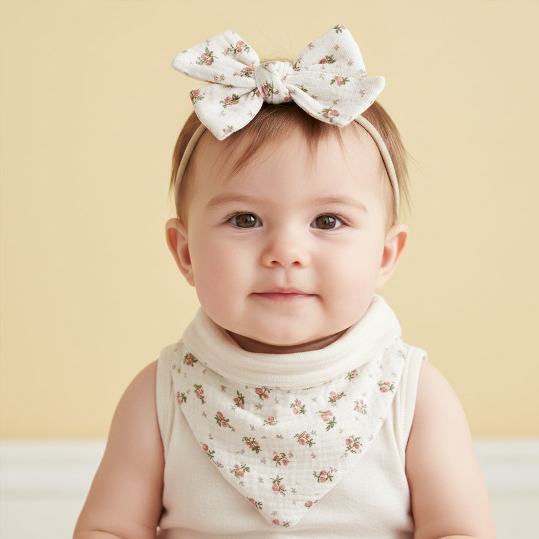 Polka Tots White Cotton Floral Print Bow Headband with Reversible Bandana Bib (Set of 3) 12-18 Months