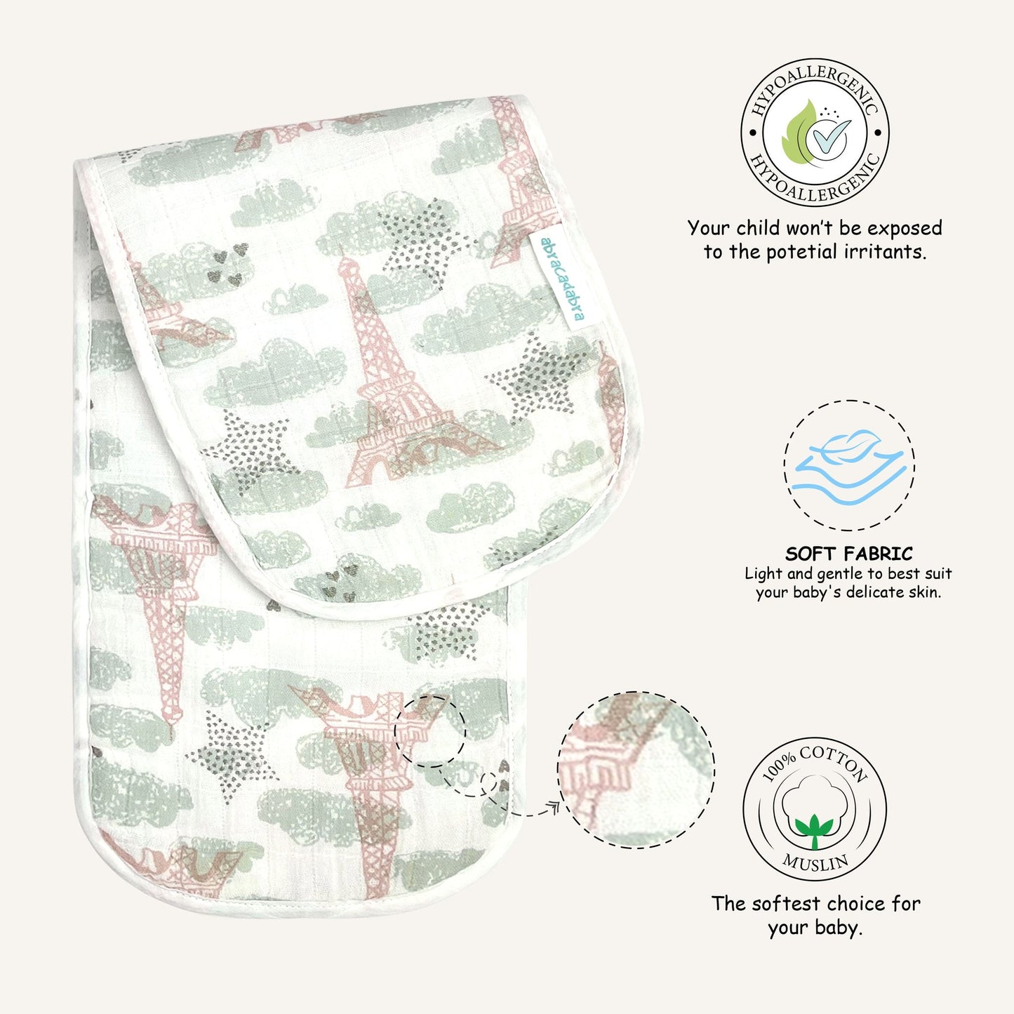 Abracadabra Muslin Burp Pad - Eiffel Tower Pack of 2
