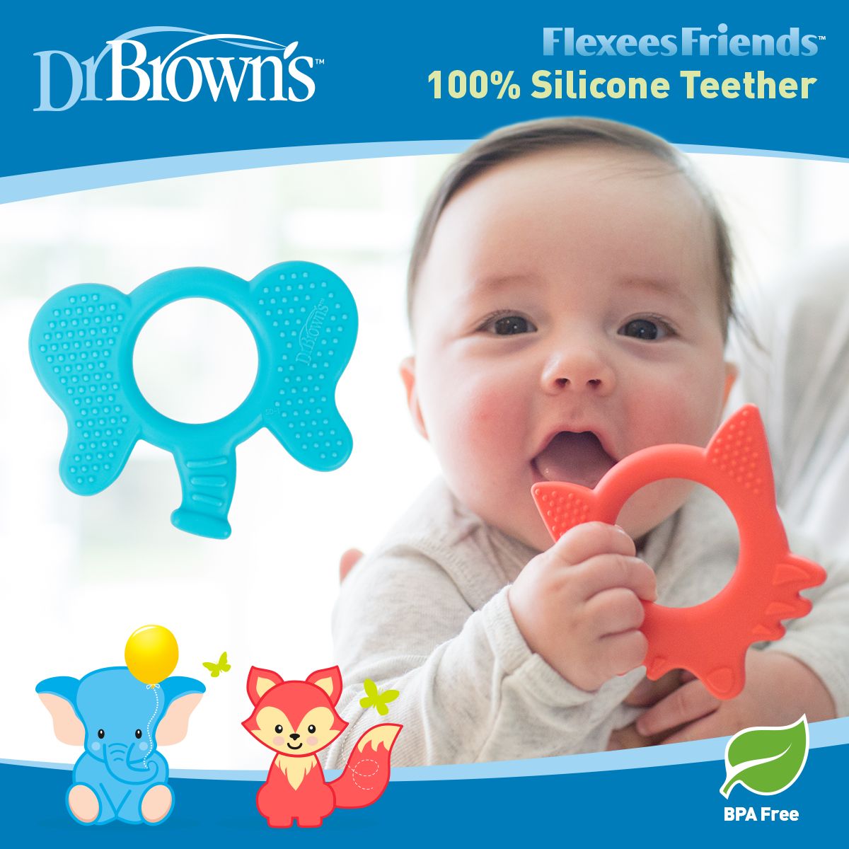 Dr. Brown's Flexees Friends Silicone Elephant Teether (Pack of 1, Blue)