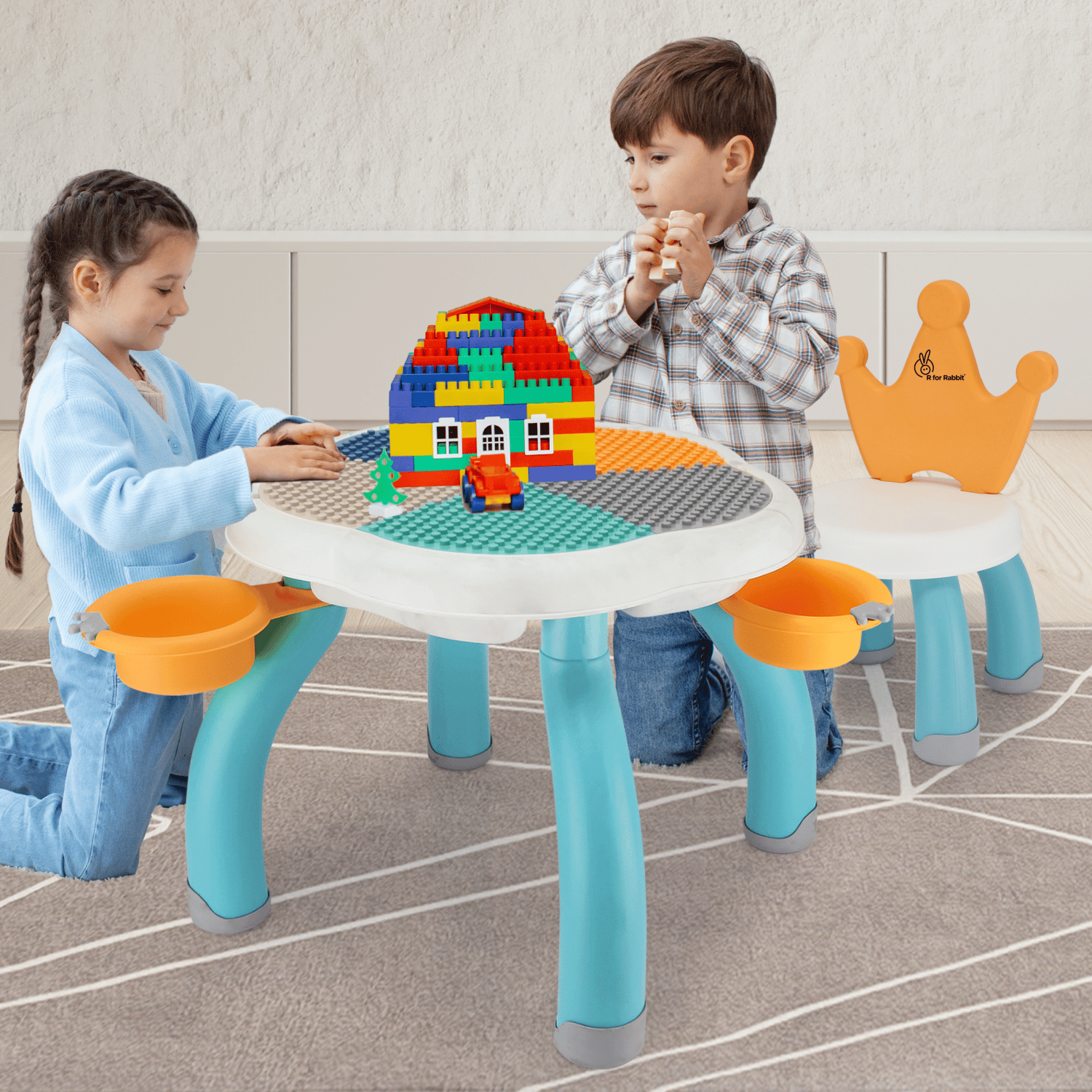 R for Rabbit Little Genius Regal Kids Study Table With Chair Lake Blue- Multi