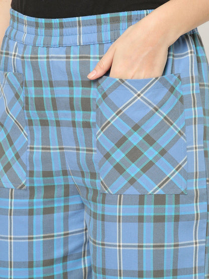 Mystere Paris Blue Cotton Checked Lounge Pants