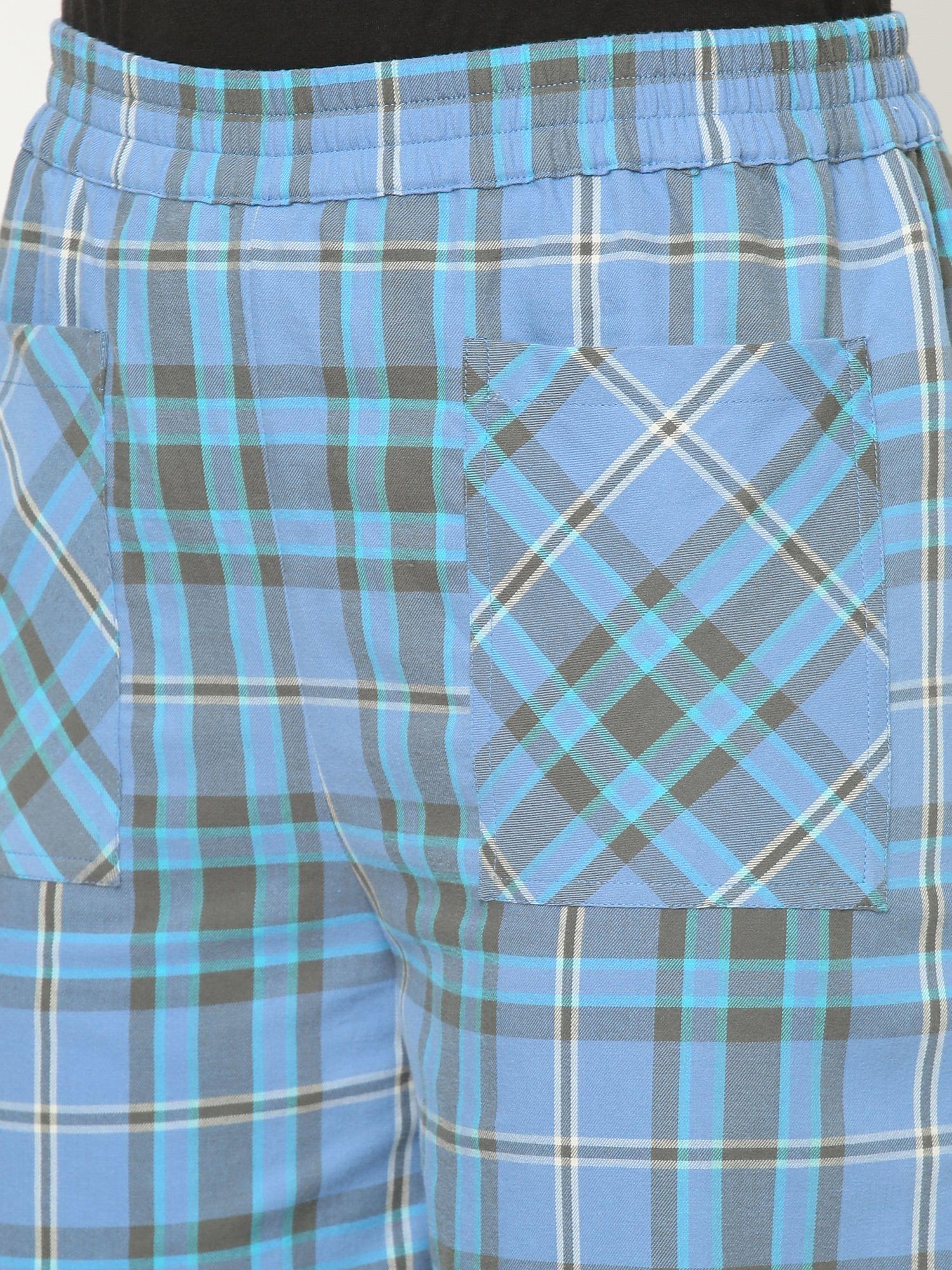 Mystere Paris Blue Cotton Checked Lounge Pants