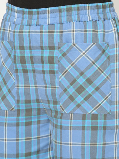 Mystere Paris Blue Cotton Checked Lounge Pants