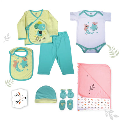 Magical Flite Infant Gift Set | Pack of 9 - Jhabla, Legging, Onesie, C/B/M, Bib, Blanket, Nappy