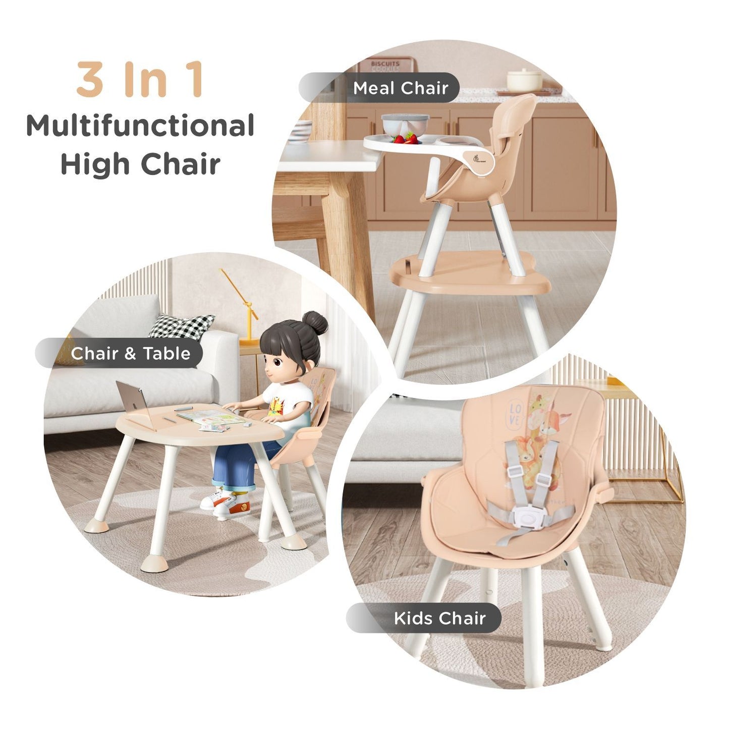 R for Rabbit Cherry Berry Safari Baby High Chair, 3 In 1 Convertible High Chair Cum Kids Study Table Beige