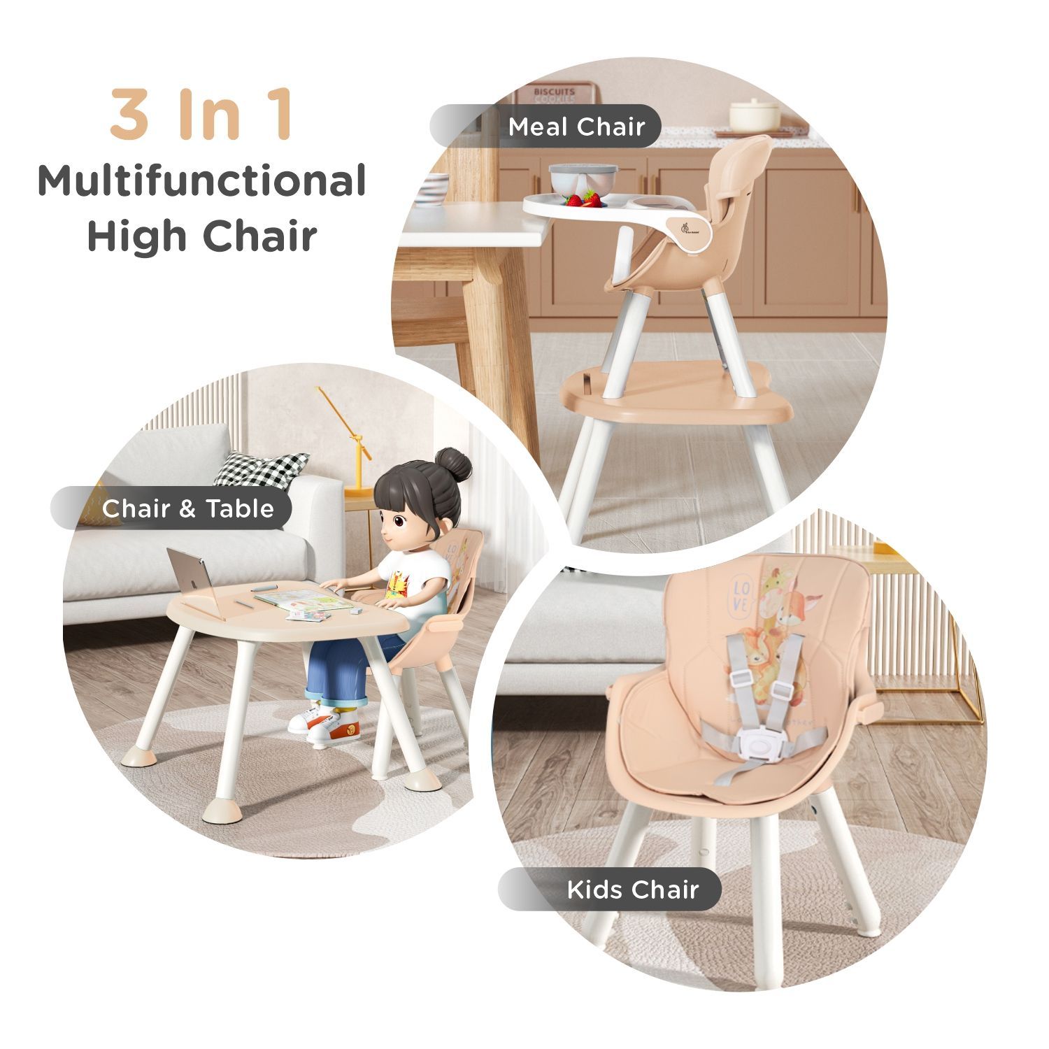 R for Rabbit Cherry Berry Safari Baby High Chair, 3 In 1 Convertible High Chair Cum Kids Study Table Beige