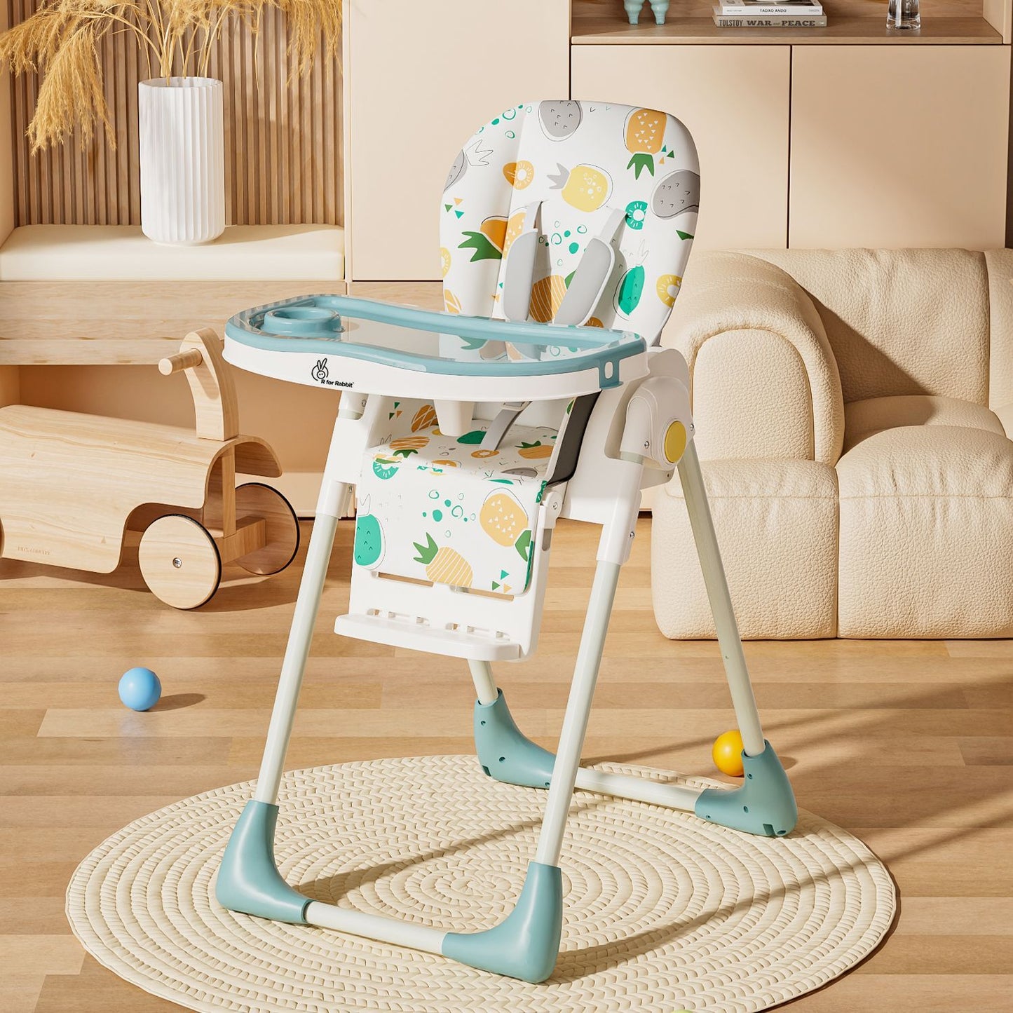 R for Rabbit Marshmallow Lite High Chair - 6 Level Height Adjustment, 3 Recline Modes, Adjustable & Removable Meal Tray Aqua Pine