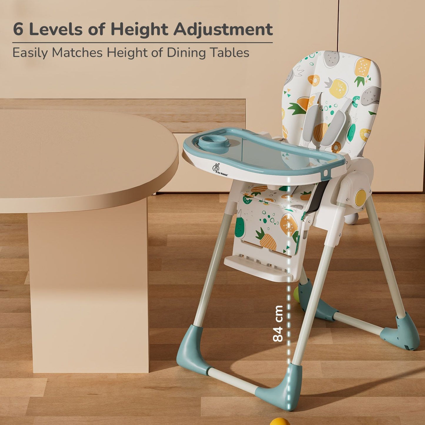 R for Rabbit Marshmallow Lite High Chair - 6 Level Height Adjustment, 3 Recline Modes, Adjustable & Removable Meal Tray Aqua Pine