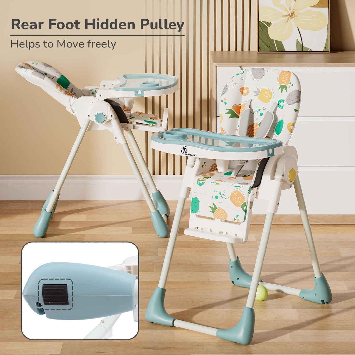 R for Rabbit Marshmallow Lite High Chair - 6 Level Height Adjustment, 3 Recline Modes, Adjustable & Removable Meal Tray Aqua Pine