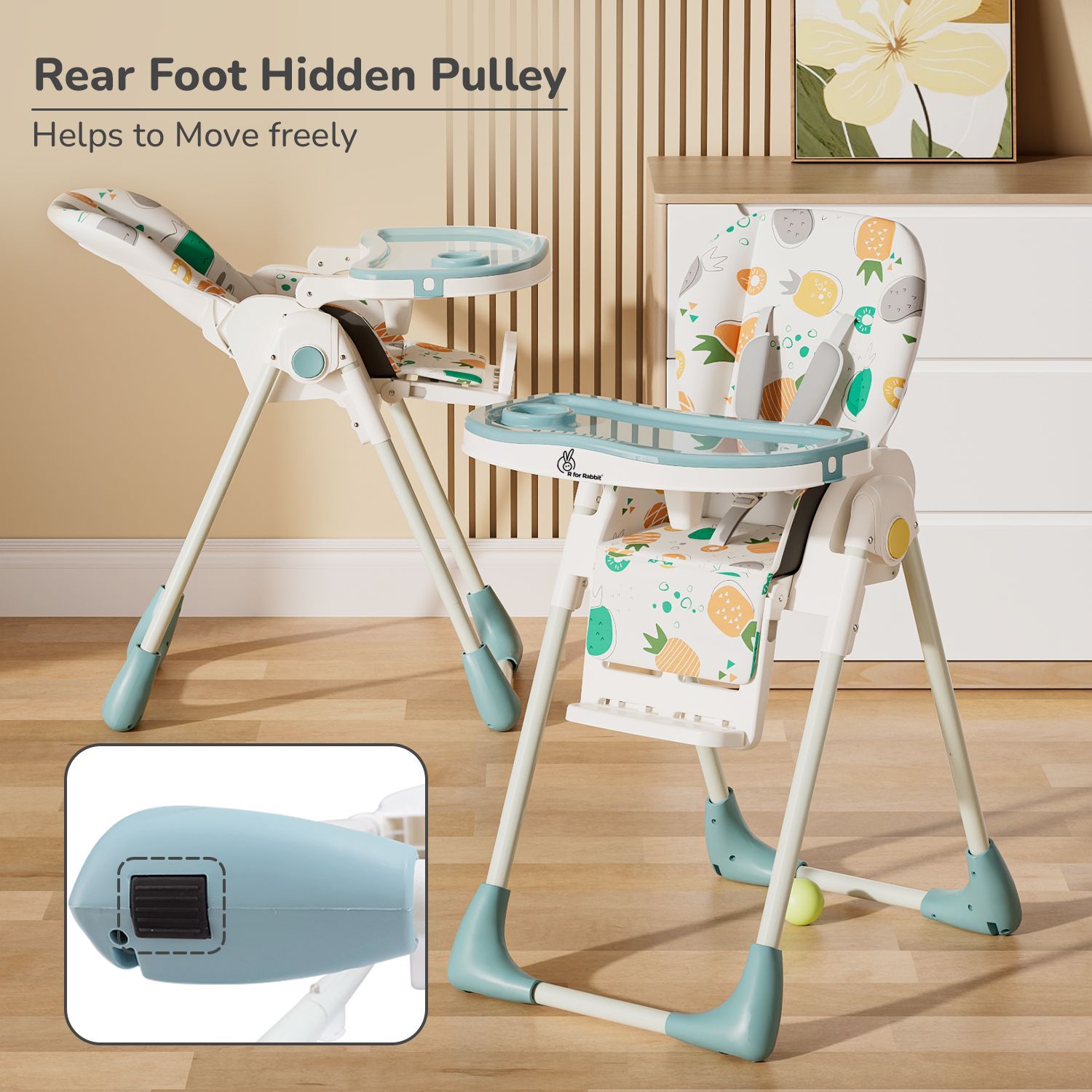 R for Rabbit Marshmallow Lite High Chair - 6 Level Height Adjustment, 3 Recline Modes, Adjustable & Removable Meal Tray Aqua Pine