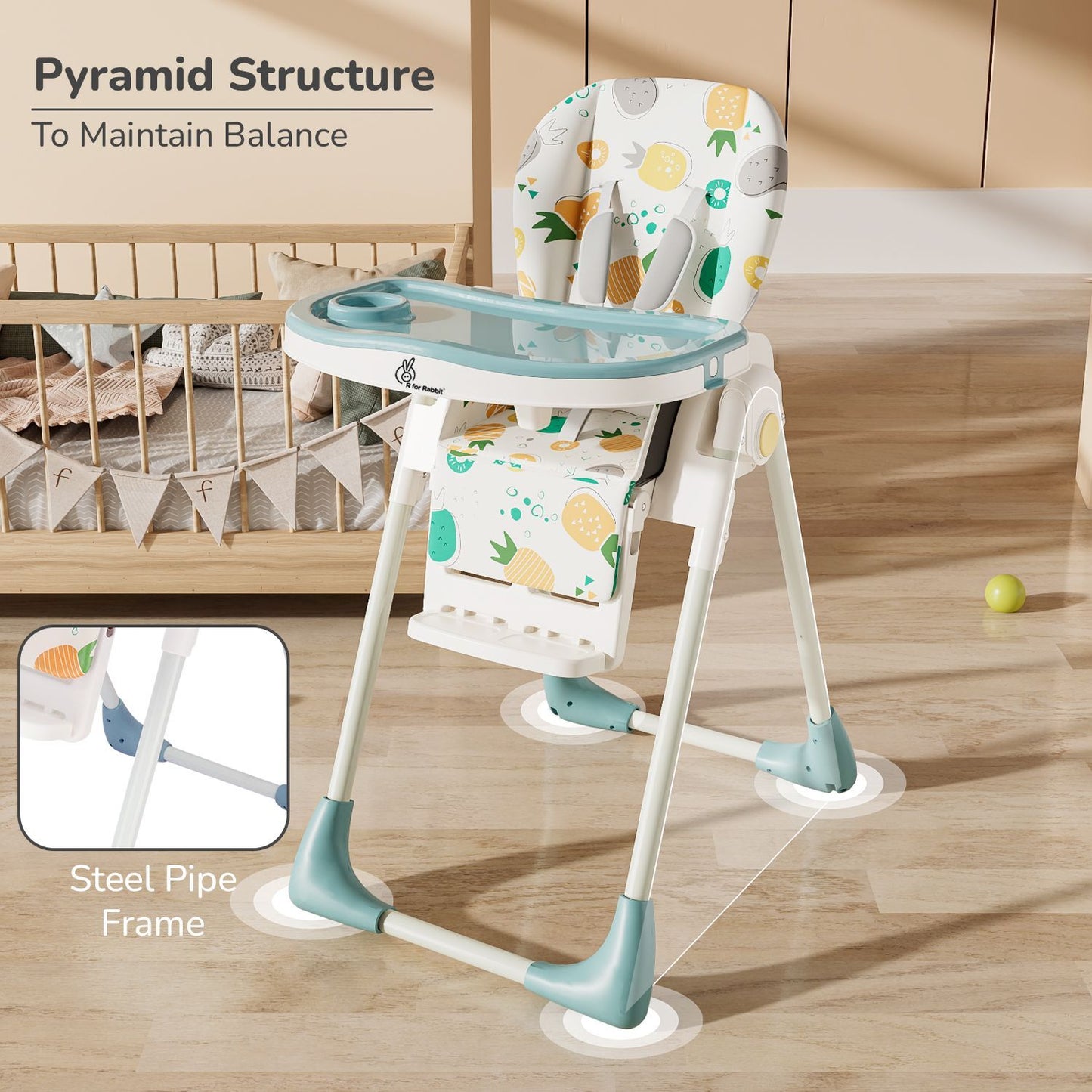 R for Rabbit Marshmallow Lite High Chair - 6 Level Height Adjustment, 3 Recline Modes, Adjustable & Removable Meal Tray Aqua Pine