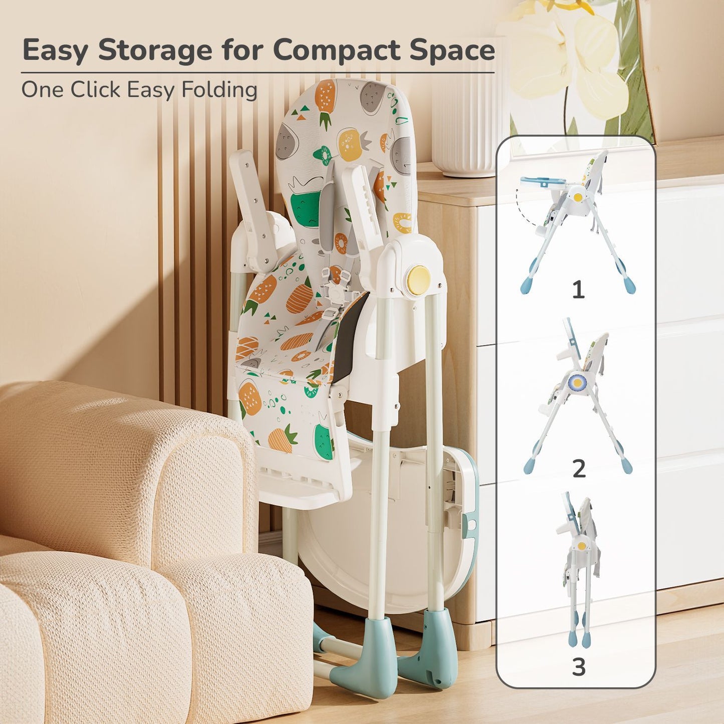 R for Rabbit Marshmallow Lite High Chair - 6 Level Height Adjustment, 3 Recline Modes, Adjustable & Removable Meal Tray Aqua Pine