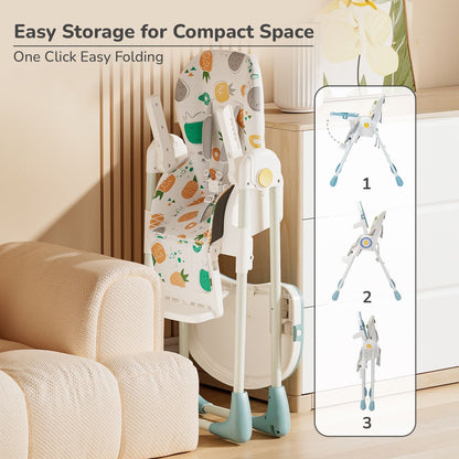 R for Rabbit Marshmallow Lite High Chair - 6 Level Height Adjustment, 3 Recline Modes, Adjustable & Removable Meal Tray Aqua Pine