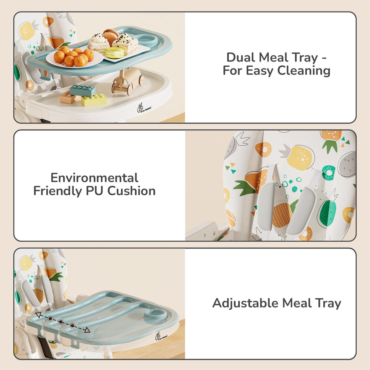 R for Rabbit Marshmallow Lite High Chair - 6 Level Height Adjustment, 3 Recline Modes, Adjustable & Removable Meal Tray Aqua Pine