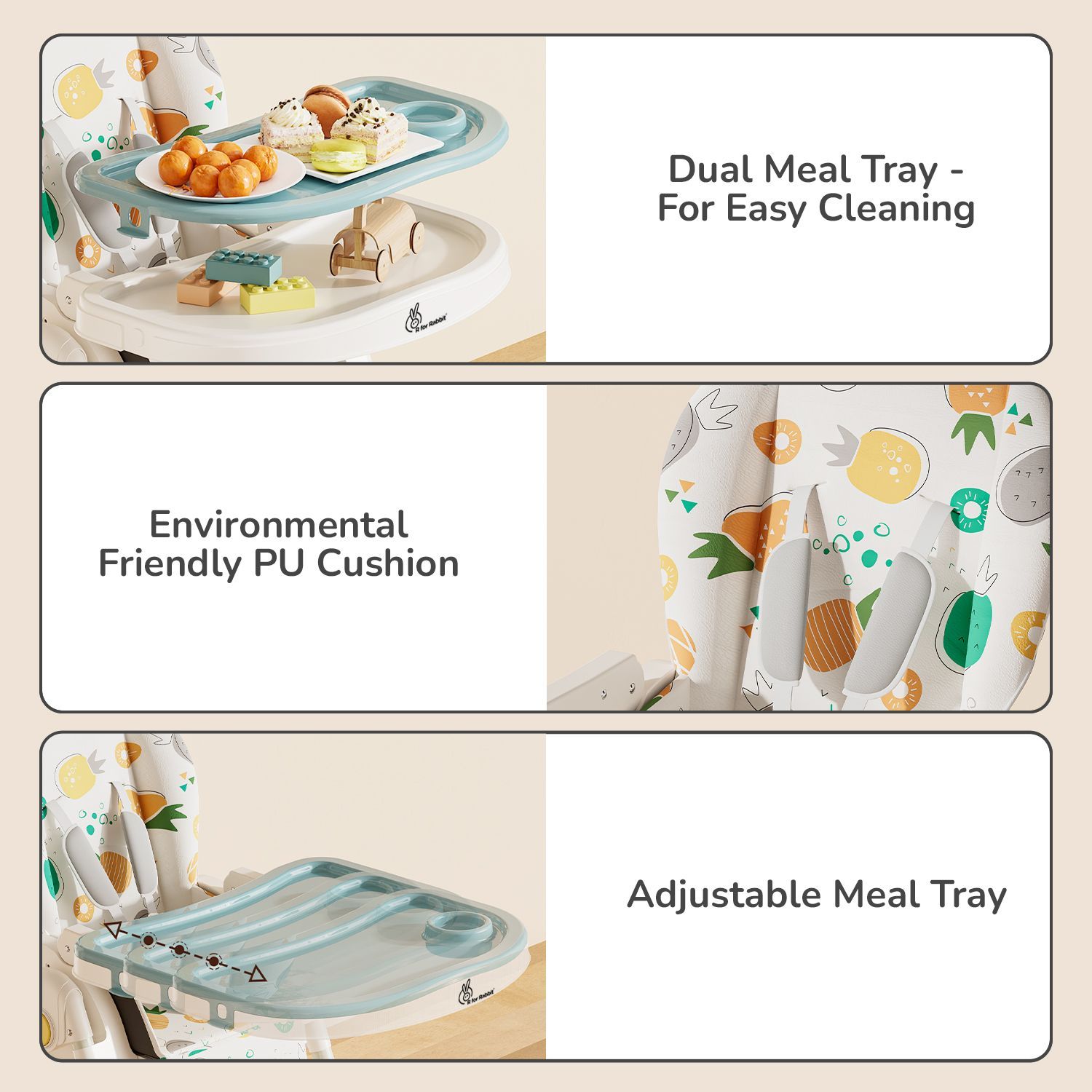 R for Rabbit Marshmallow Lite High Chair - 6 Level Height Adjustment, 3 Recline Modes, Adjustable & Removable Meal Tray Aqua Pine