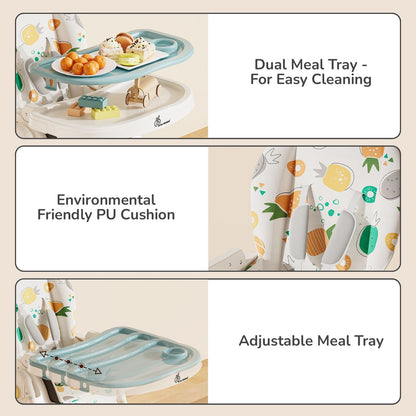 R for Rabbit Marshmallow Lite High Chair - 6 Level Height Adjustment, 3 Recline Modes, Adjustable & Removable Meal Tray Aqua Pine