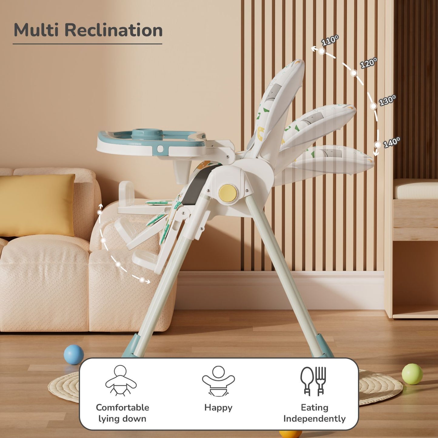 R for Rabbit Marshmallow Lite High Chair - 6 Level Height Adjustment, 3 Recline Modes, Adjustable & Removable Meal Tray Aqua Pine