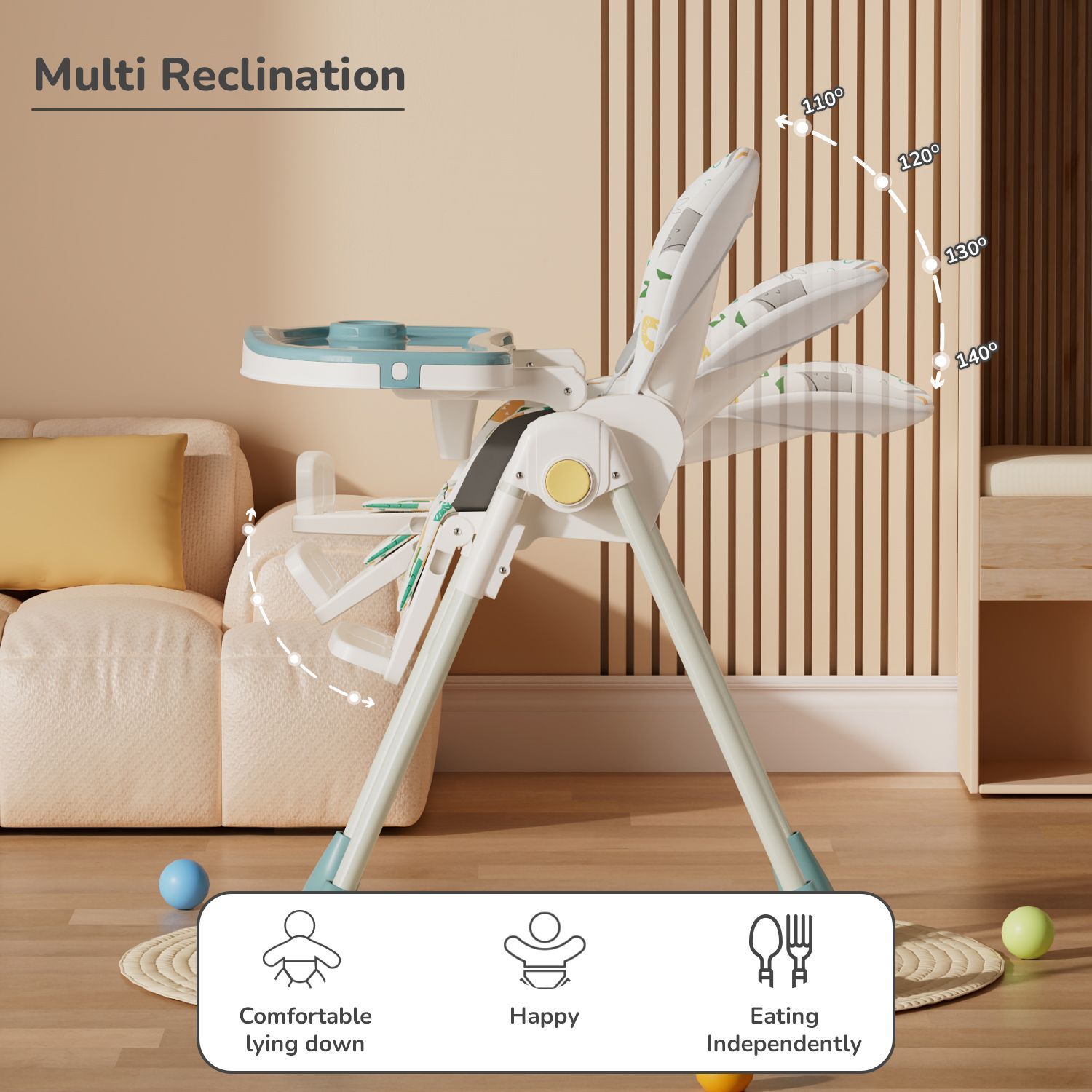 R for Rabbit Marshmallow Lite High Chair - 6 Level Height Adjustment, 3 Recline Modes, Adjustable & Removable Meal Tray Aqua Pine