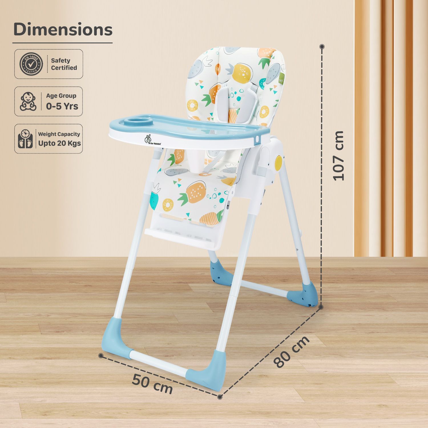 R for Rabbit Marshmallow Lite High Chair - 6 Level Height Adjustment, 3 Recline Modes, Adjustable & Removable Meal Tray Aqua Pine