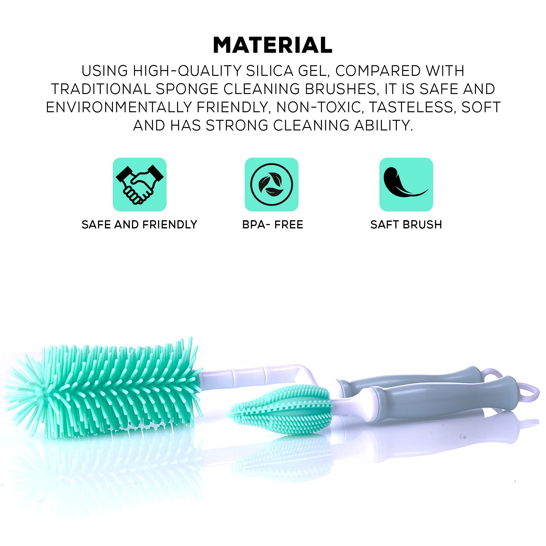 BAYBEE Plastic Silicone Bottle Cleaning Brush For Baby Feeding Bottle, Hangable & Portable Cup Brush Cleaning Kit With Bottle Brush, Straw Brush, Nipple Brush (Green)